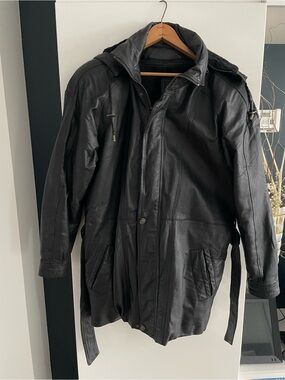 Vintage B.M.M. Men's Black Leather Coat/Jacket Removable Hood & Lining Large